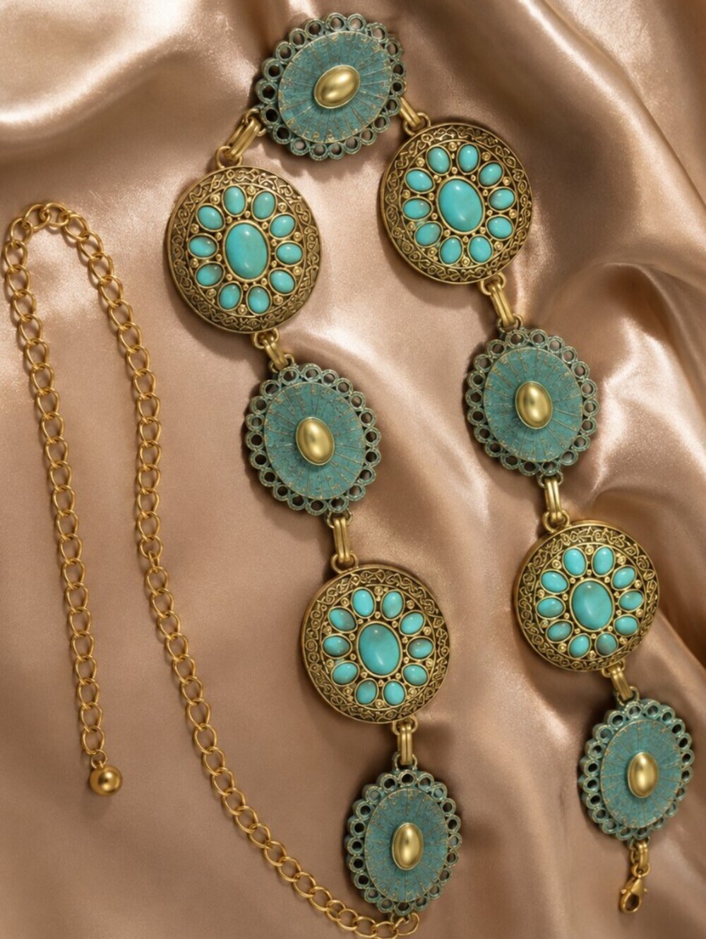 Gold-Tone Belt with Turquoise Floral Medallions — Women's Accessories - Picture 3 of 8